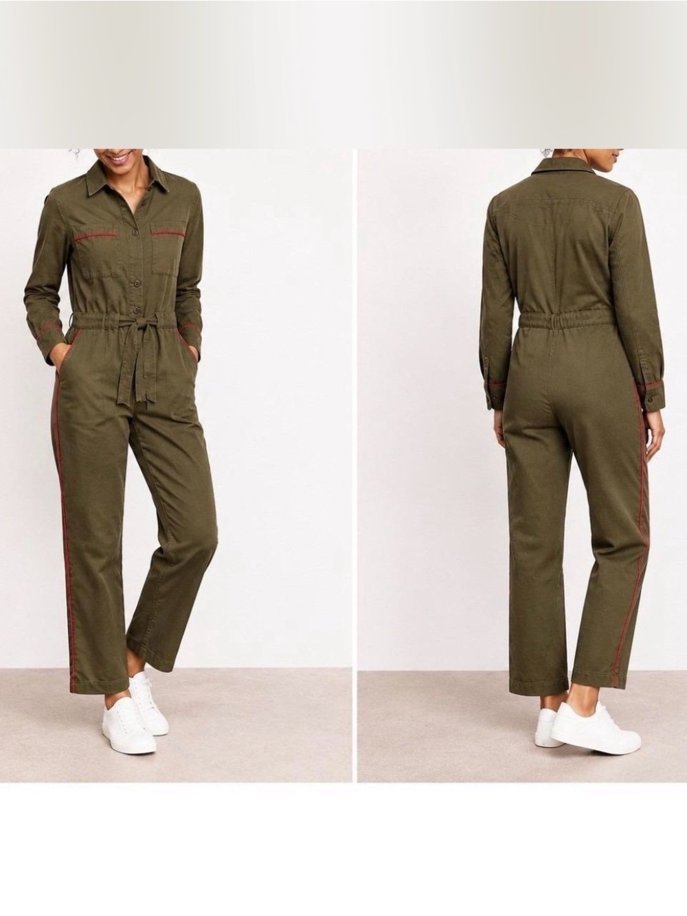 Boden Olive Green Utility Tie-Waist Jumpsuit with Red Contrast